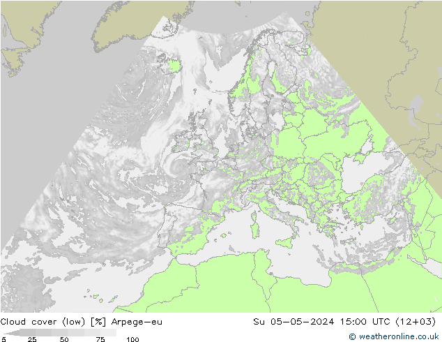Cloud cover (low) Arpege-eu Su 05.05.2024 15 UTC