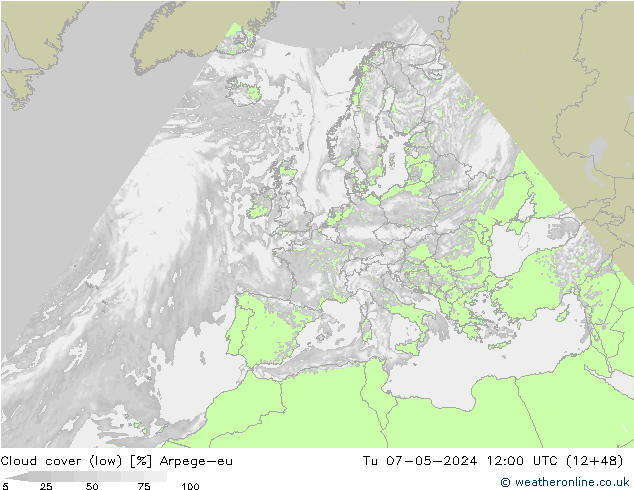 Cloud cover (low) Arpege-eu Tu 07.05.2024 12 UTC