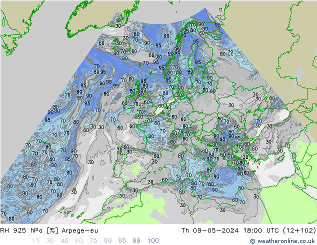 Humidité rel. 925 hPa Arpege-eu jeu 09.05.2024 18 UTC