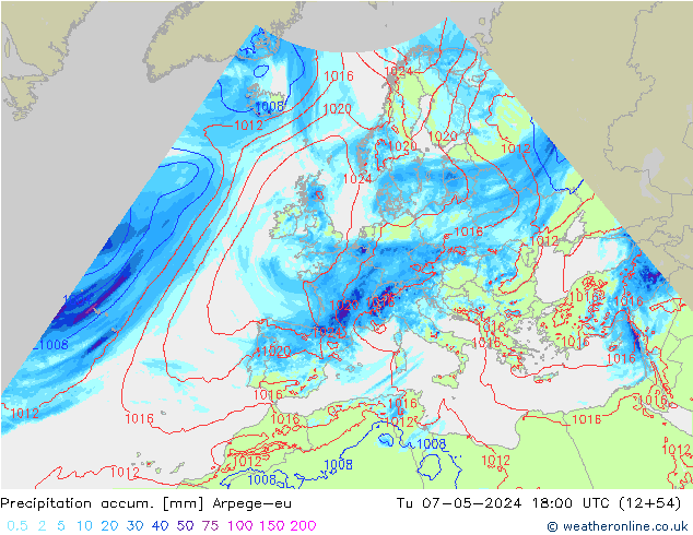 Precipitation accum. Arpege-eu Tu 07.05.2024 18 UTC