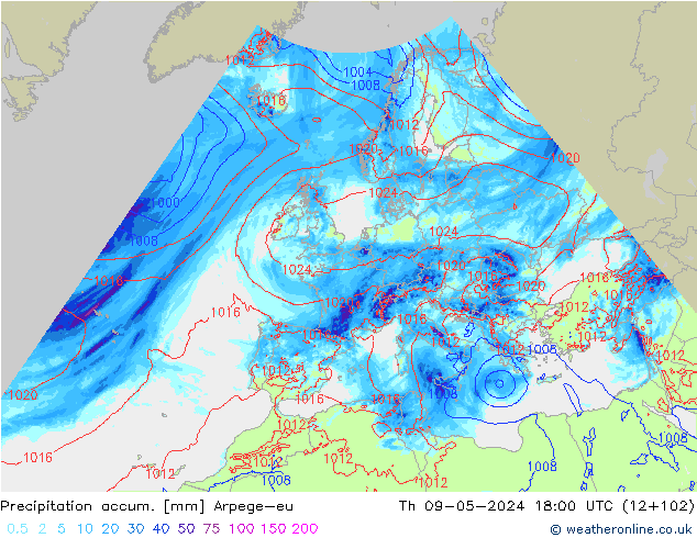 Precipitation accum. Arpege-eu Th 09.05.2024 18 UTC