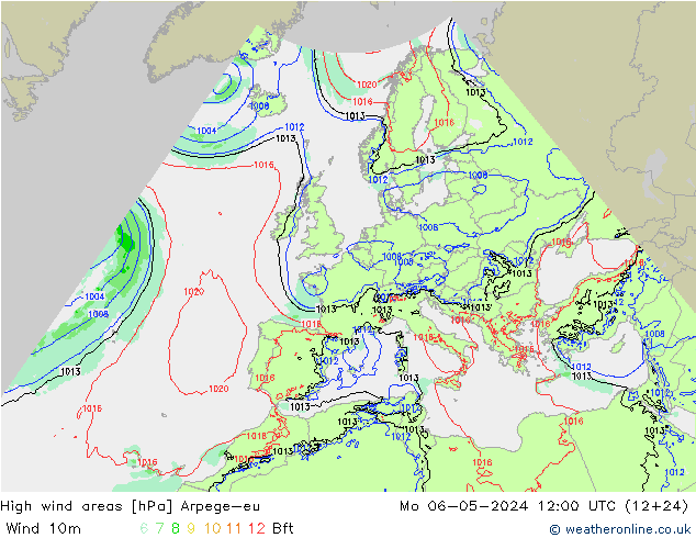 High wind areas Arpege-eu Mo 06.05.2024 12 UTC