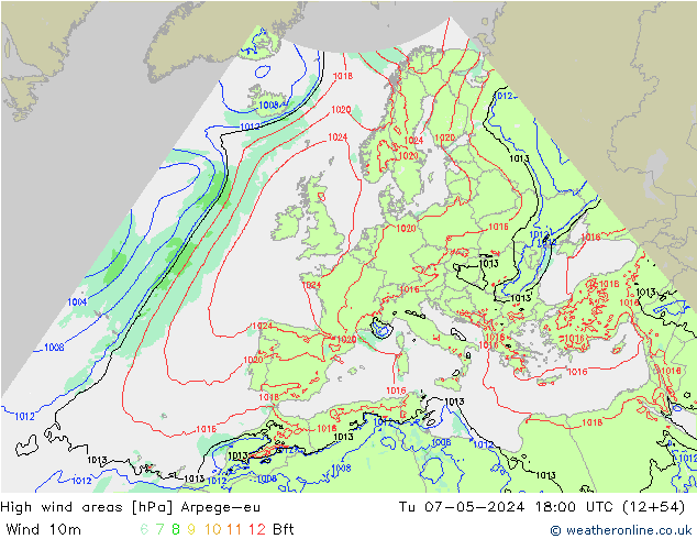 High wind areas Arpege-eu Tu 07.05.2024 18 UTC