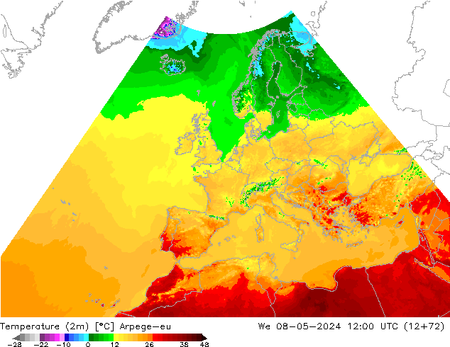 Temperatura (2m) Arpege-eu mer 08.05.2024 12 UTC