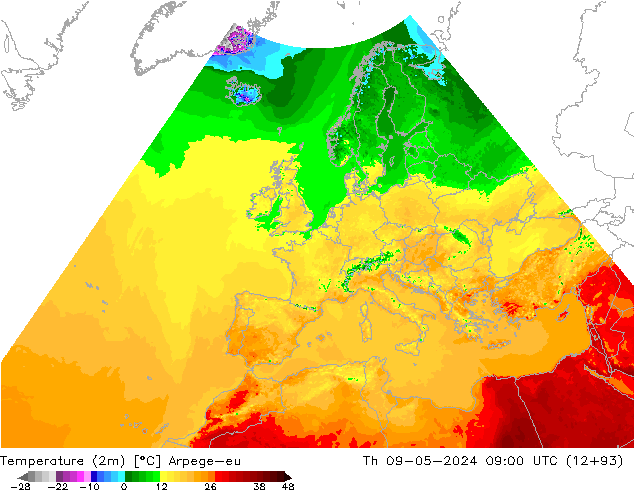 Temperature (2m) Arpege-eu Th 09.05.2024 09 UTC