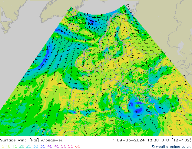 Surface wind Arpege-eu Th 09.05.2024 18 UTC