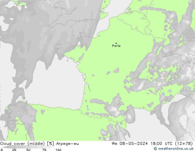 Bulutlar (orta) Arpege-eu Çar 08.05.2024 18 UTC