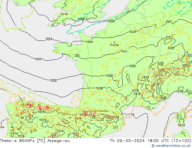 Theta-e 850hPa Arpege-eu  09.05.2024 18 UTC