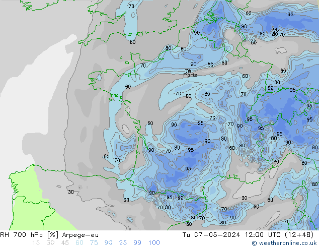 RH 700 гПа Arpege-eu вт 07.05.2024 12 UTC