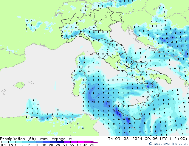Precipitation (6h) Arpege-eu Čt 09.05.2024 06 UTC