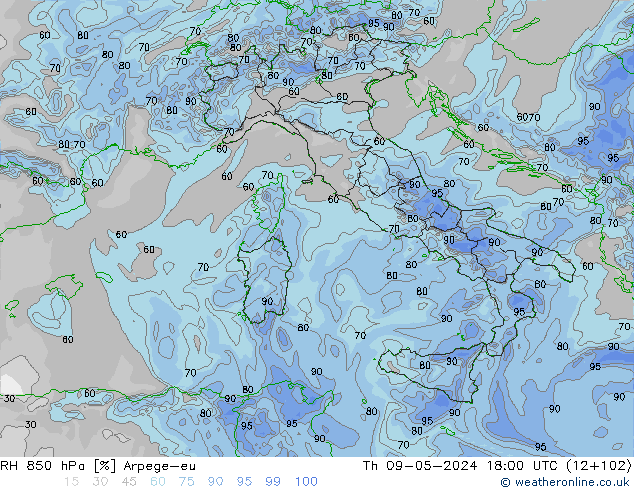 RH 850 hPa Arpege-eu Th 09.05.2024 18 UTC