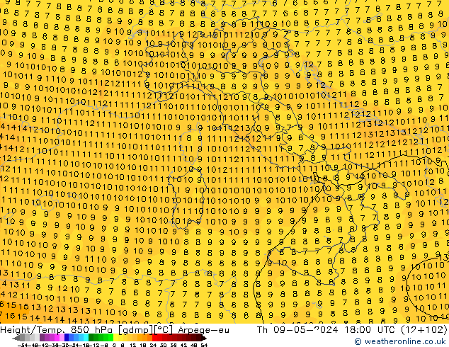 Hoogte/Temp. 850 hPa Arpege-eu do 09.05.2024 18 UTC