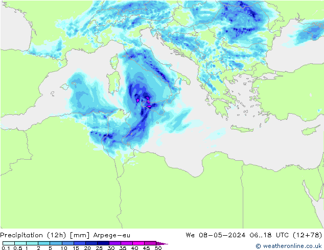 Yağış (12h) Arpege-eu Çar 08.05.2024 18 UTC