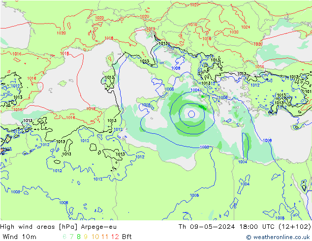 High wind areas Arpege-eu Čt 09.05.2024 18 UTC