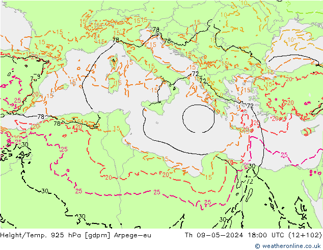 Height/Temp. 925 hPa Arpege-eu Čt 09.05.2024 18 UTC
