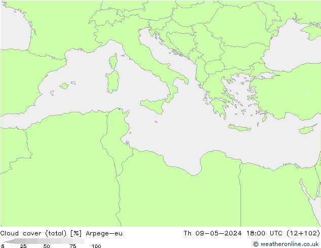 Cloud cover (total) Arpege-eu Th 09.05.2024 18 UTC