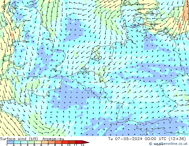 Surface wind (bft) Arpege-eu Tu 07.05.2024 00 UTC