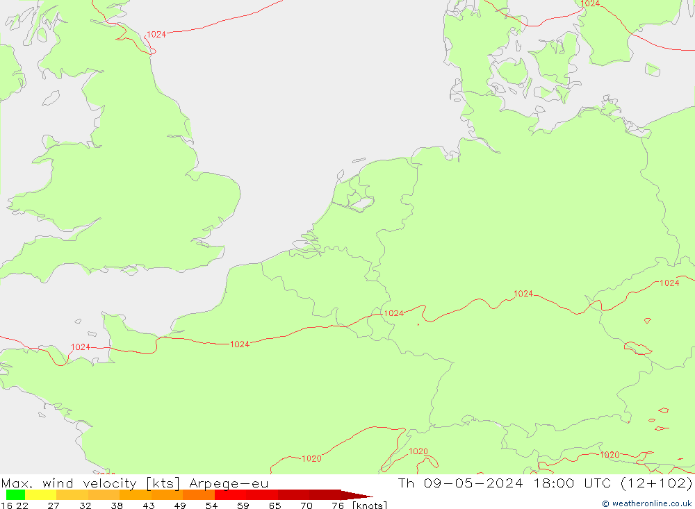 Max. wind velocity Arpege-eu jeu 09.05.2024 18 UTC