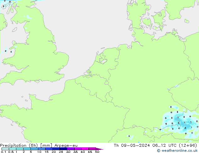 Totale neerslag (6h) Arpege-eu do 09.05.2024 12 UTC