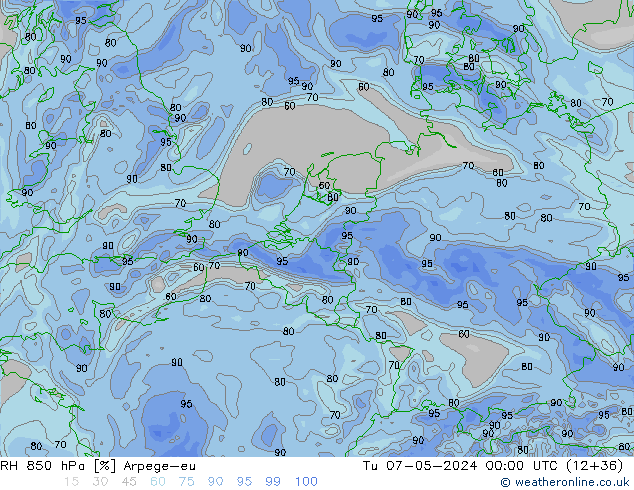 RH 850 гПа Arpege-eu вт 07.05.2024 00 UTC