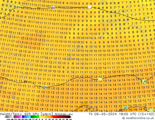 Height/Temp. 925 hPa Arpege-eu Qui 09.05.2024 18 UTC