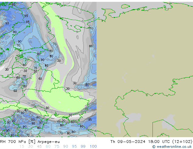 RH 700 hPa Arpege-eu Th 09.05.2024 18 UTC