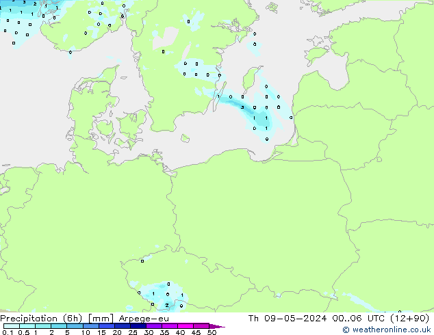 Precipitazione (6h) Arpege-eu gio 09.05.2024 06 UTC