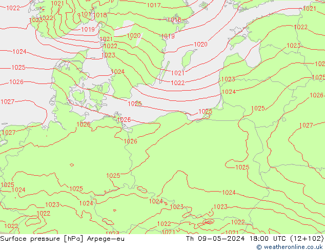 Surface pressure Arpege-eu Th 09.05.2024 18 UTC