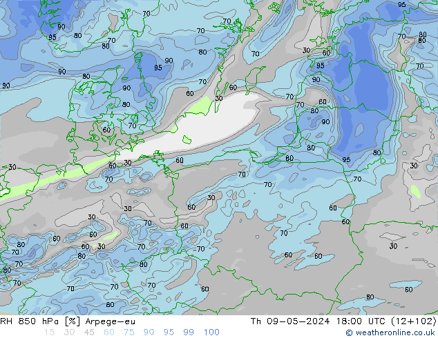 RH 850 hPa Arpege-eu Qui 09.05.2024 18 UTC