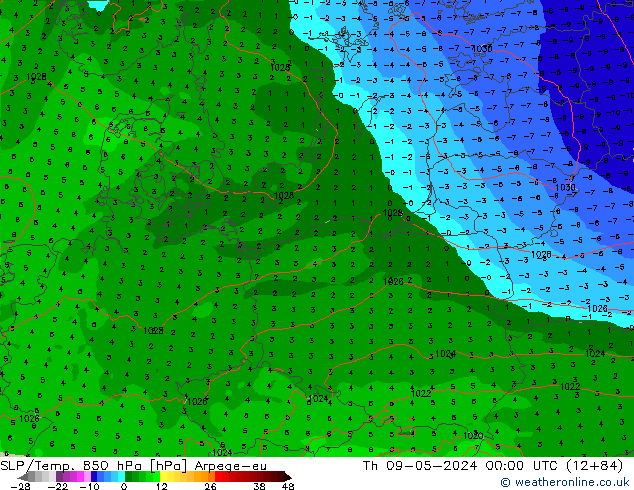 SLP/Temp. 850 hPa Arpege-eu Th 09.05.2024 00 UTC