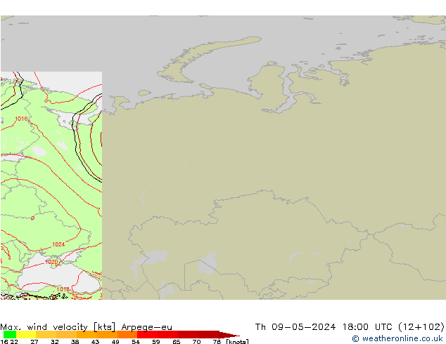 Max. wind velocity Arpege-eu чт 09.05.2024 18 UTC