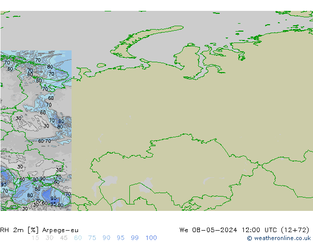 Humidité rel. 2m Arpege-eu mer 08.05.2024 12 UTC