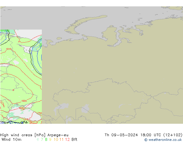 High wind areas Arpege-eu Čt 09.05.2024 18 UTC