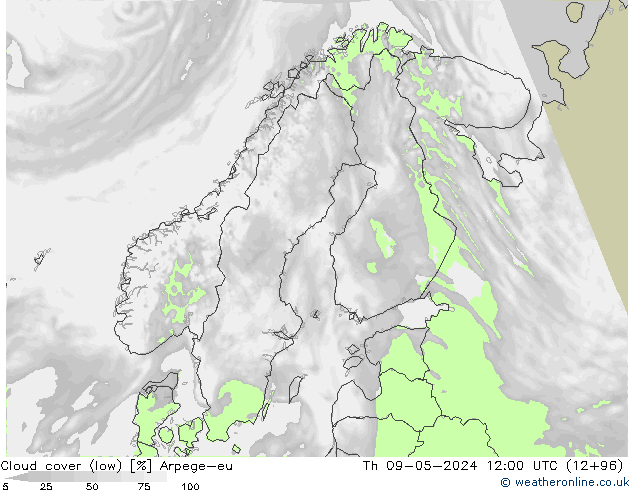 Cloud cover (low) Arpege-eu Th 09.05.2024 12 UTC