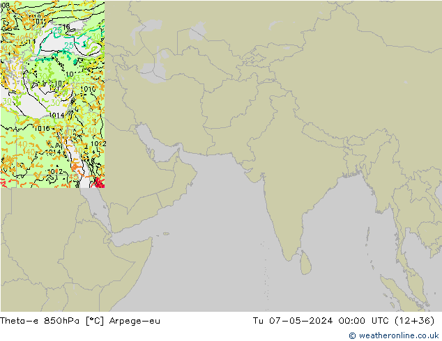 Theta-e 850hPa Arpege-eu wto. 07.05.2024 00 UTC