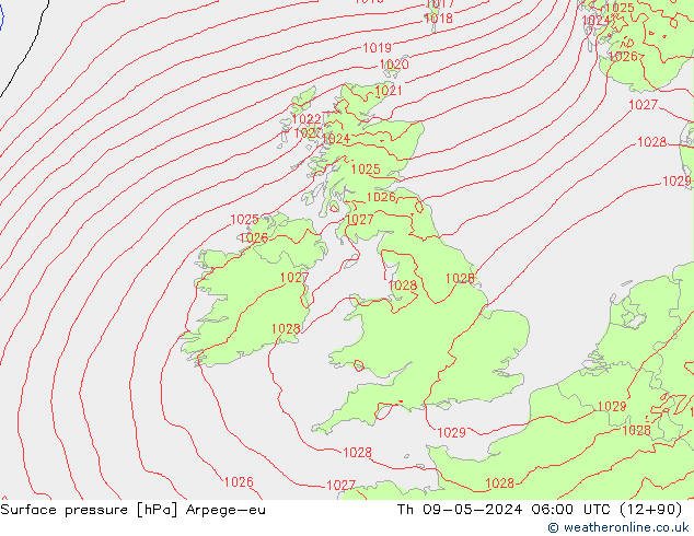 Surface pressure Arpege-eu Th 09.05.2024 06 UTC