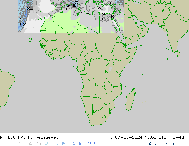 RH 850 hPa Arpege-eu Tu 07.05.2024 18 UTC