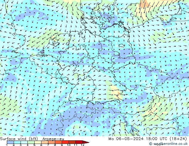 Surface wind (bft) Arpege-eu Mo 06.05.2024 18 UTC