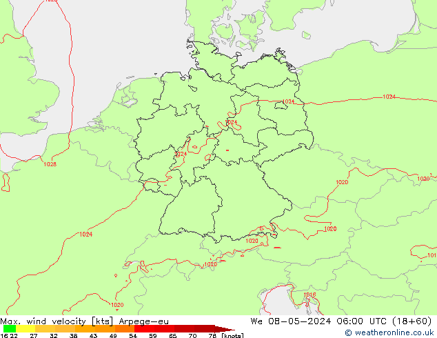 Max. wind velocity Arpege-eu St 08.05.2024 06 UTC