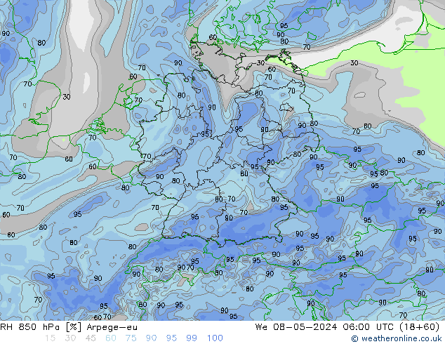 Humedad rel. 850hPa Arpege-eu mié 08.05.2024 06 UTC