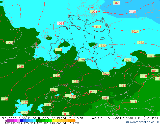 Thck 700-1000 hPa Arpege-eu We 08.05.2024 03 UTC