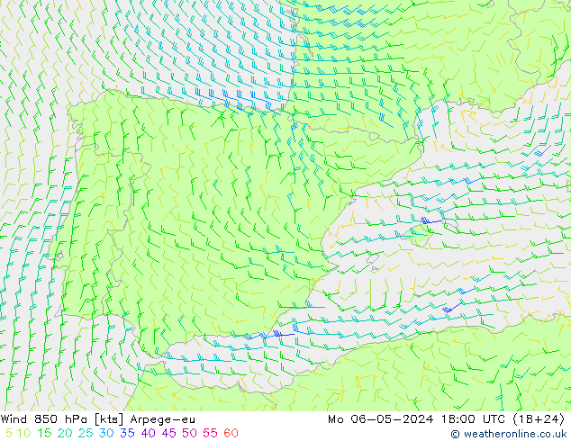 Wind 850 hPa Arpege-eu Mo 06.05.2024 18 UTC