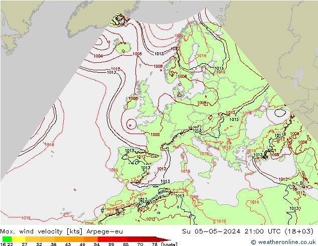 Max. wind velocity Arpege-eu dim 05.05.2024 21 UTC