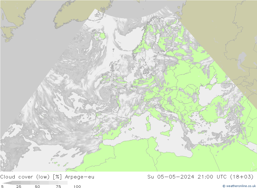 Cloud cover (low) Arpege-eu Su 05.05.2024 21 UTC