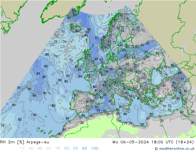 Humidité rel. 2m Arpege-eu lun 06.05.2024 18 UTC