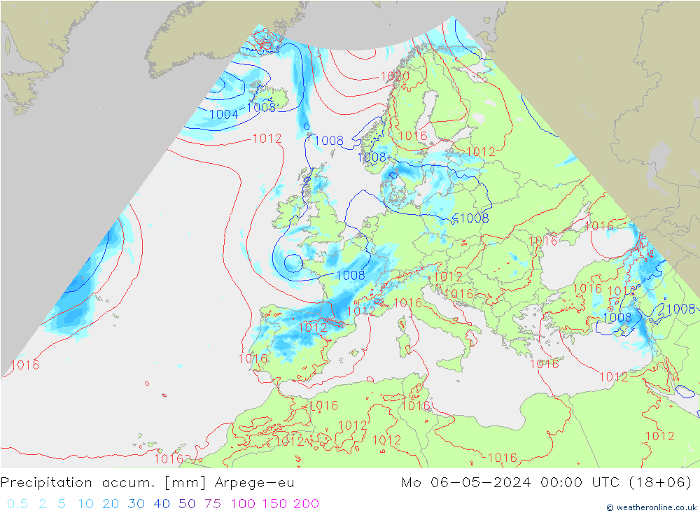 Precipitation accum. Arpege-eu Mo 06.05.2024 00 UTC