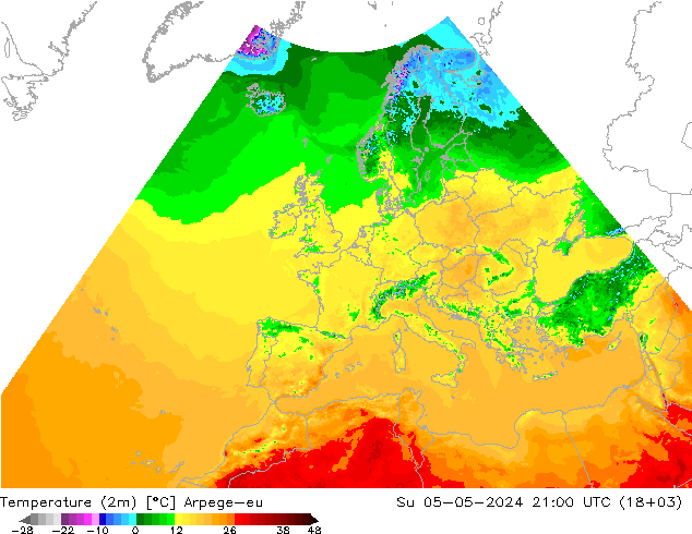 Temperaturkarte (2m) Arpege-eu So 05.05.2024 21 UTC