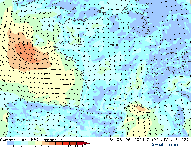 Surface wind (bft) Arpege-eu Su 05.05.2024 21 UTC