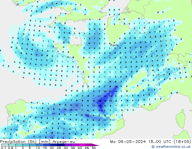 Precipitation (6h) Arpege-eu Mo 06.05.2024 00 UTC