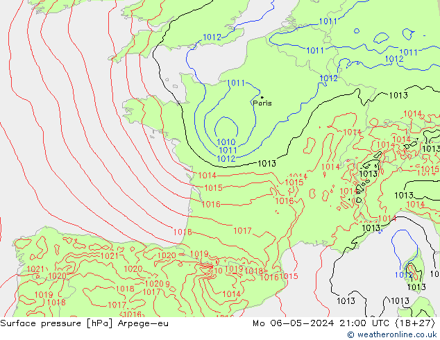 Pressione al suolo Arpege-eu lun 06.05.2024 21 UTC